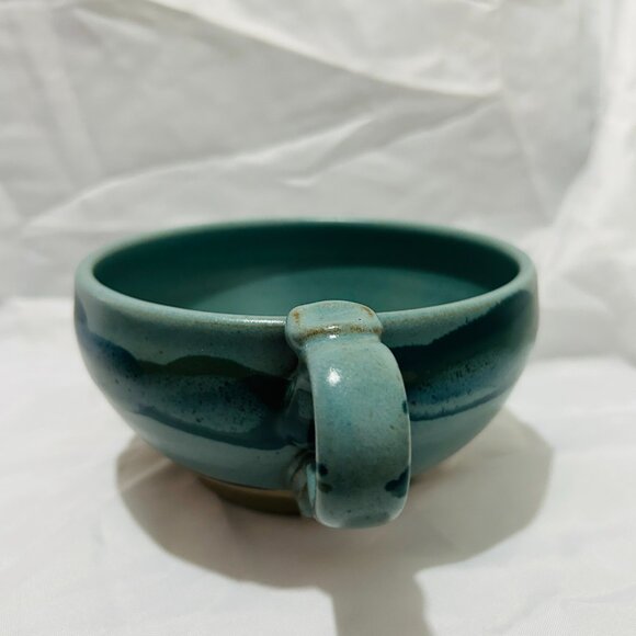 Signed Art Pottery soup mug bowl Teal Blue green glaze Thumb Rest - Picture 5 of 15